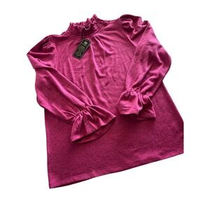 D&Co Magenta Pink Smocked Mock Neck Ruffle Cuff Knit Top Large RN92309